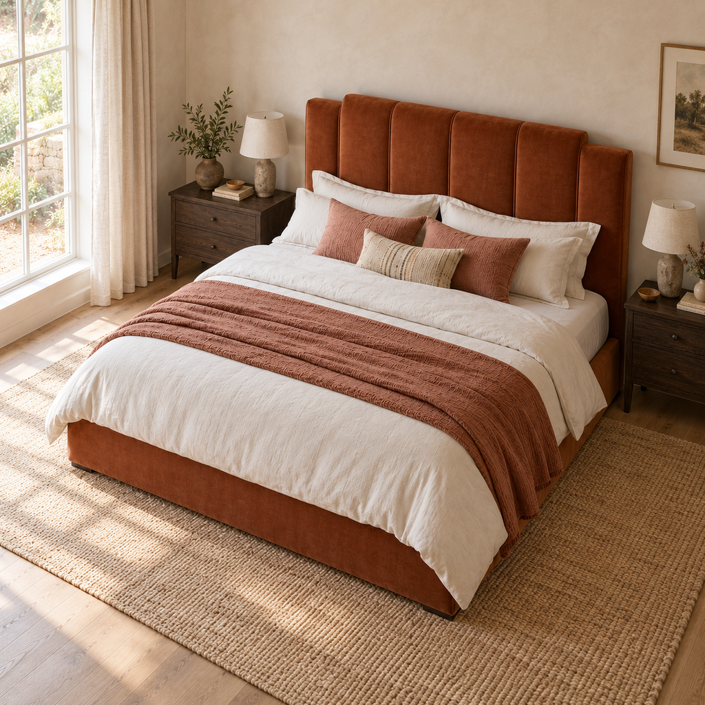 CK Living Sorrento upholstered bed — elevated lifestyle view