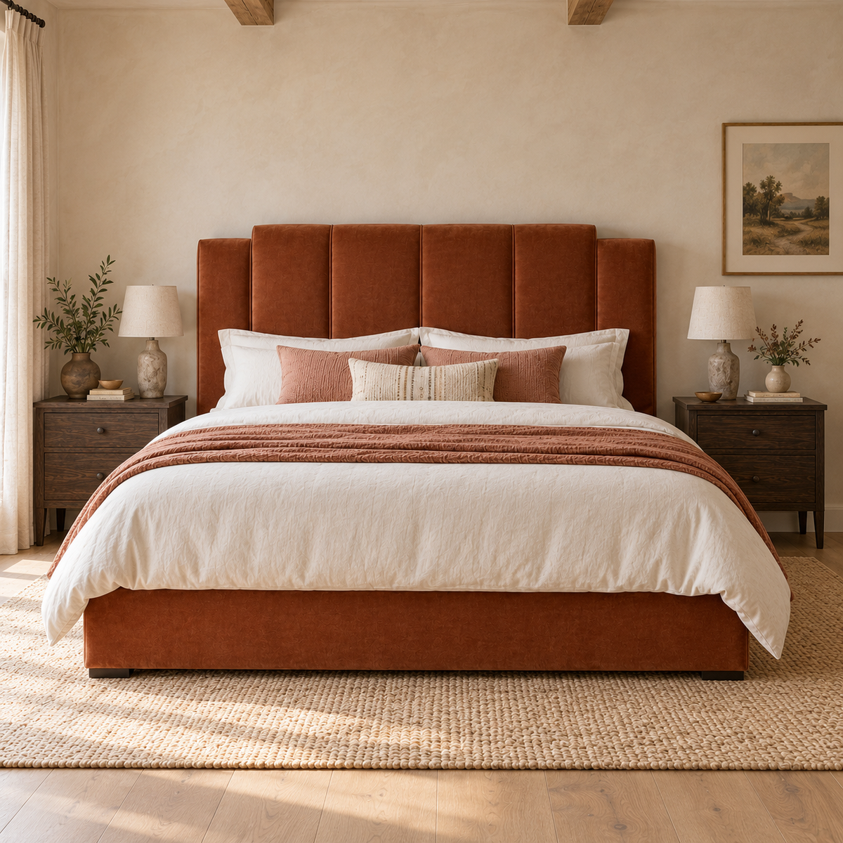 CK Living Sorrento upholstered bed — front lifestyle view