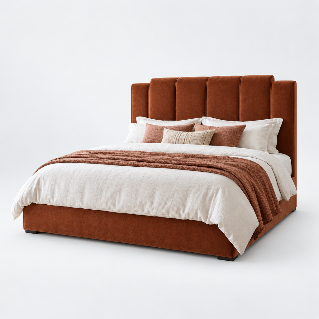 CK Living Sorrento upholstered bed — cold light-grey studio view