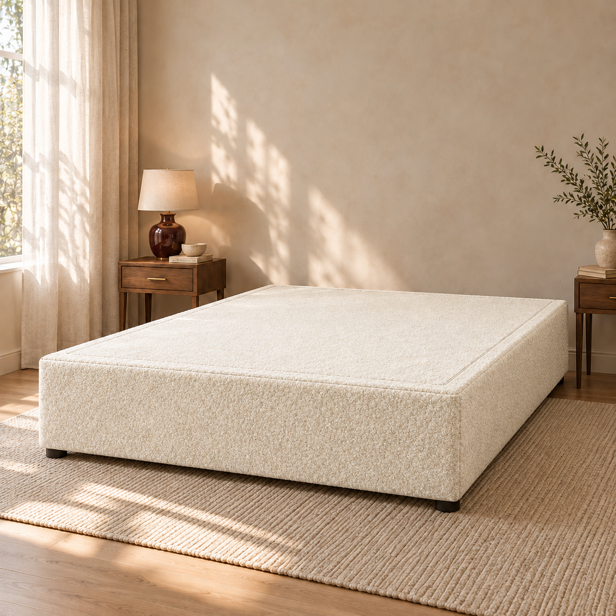 Cream Teddy Bouclé non-storage divan bed base in a styled bedroom. Base only; fabric colour visualisation.