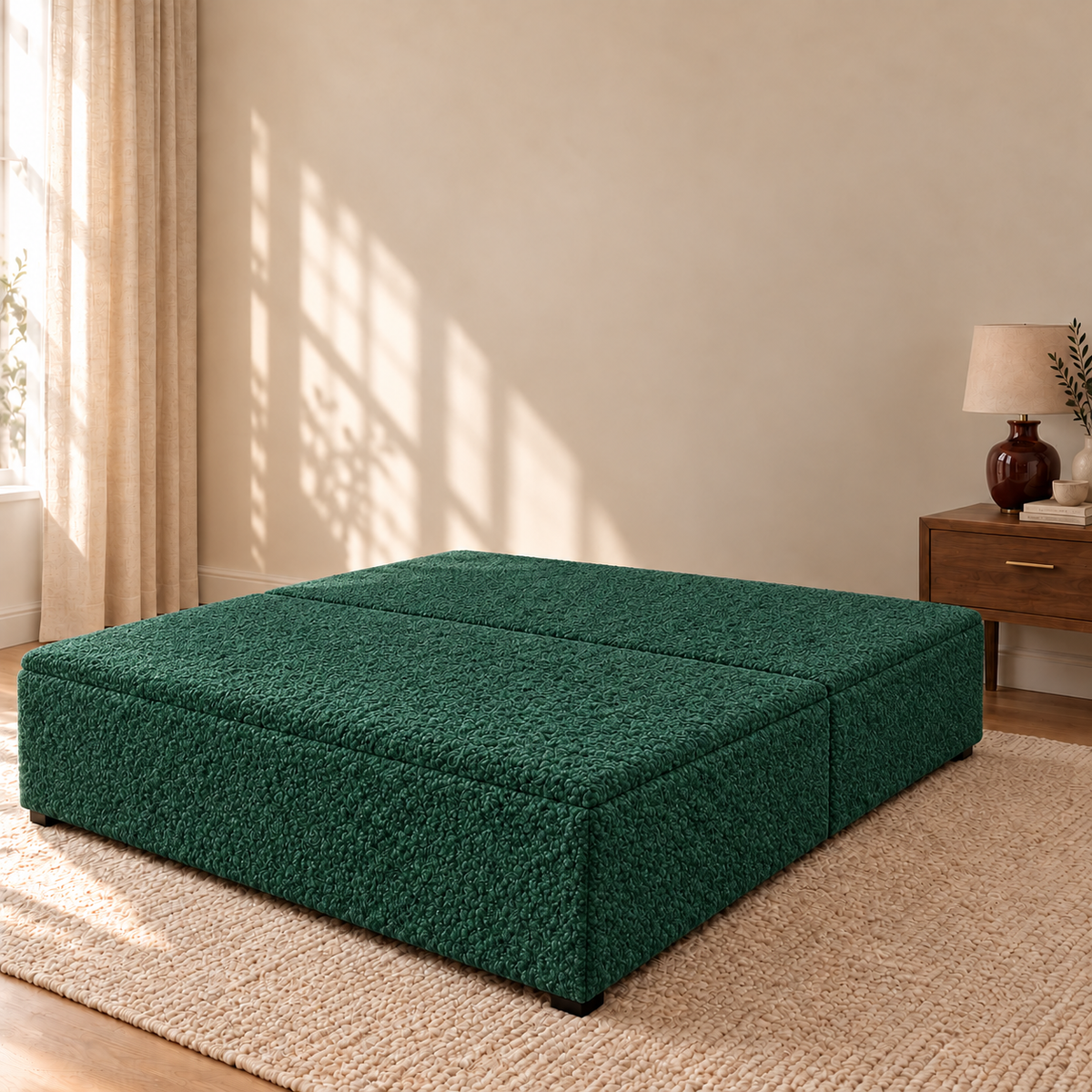Forest Teddy Bouclé ottoman storage bed base shown closed in a styled bedroom. Base only; fabric colour visualisation.