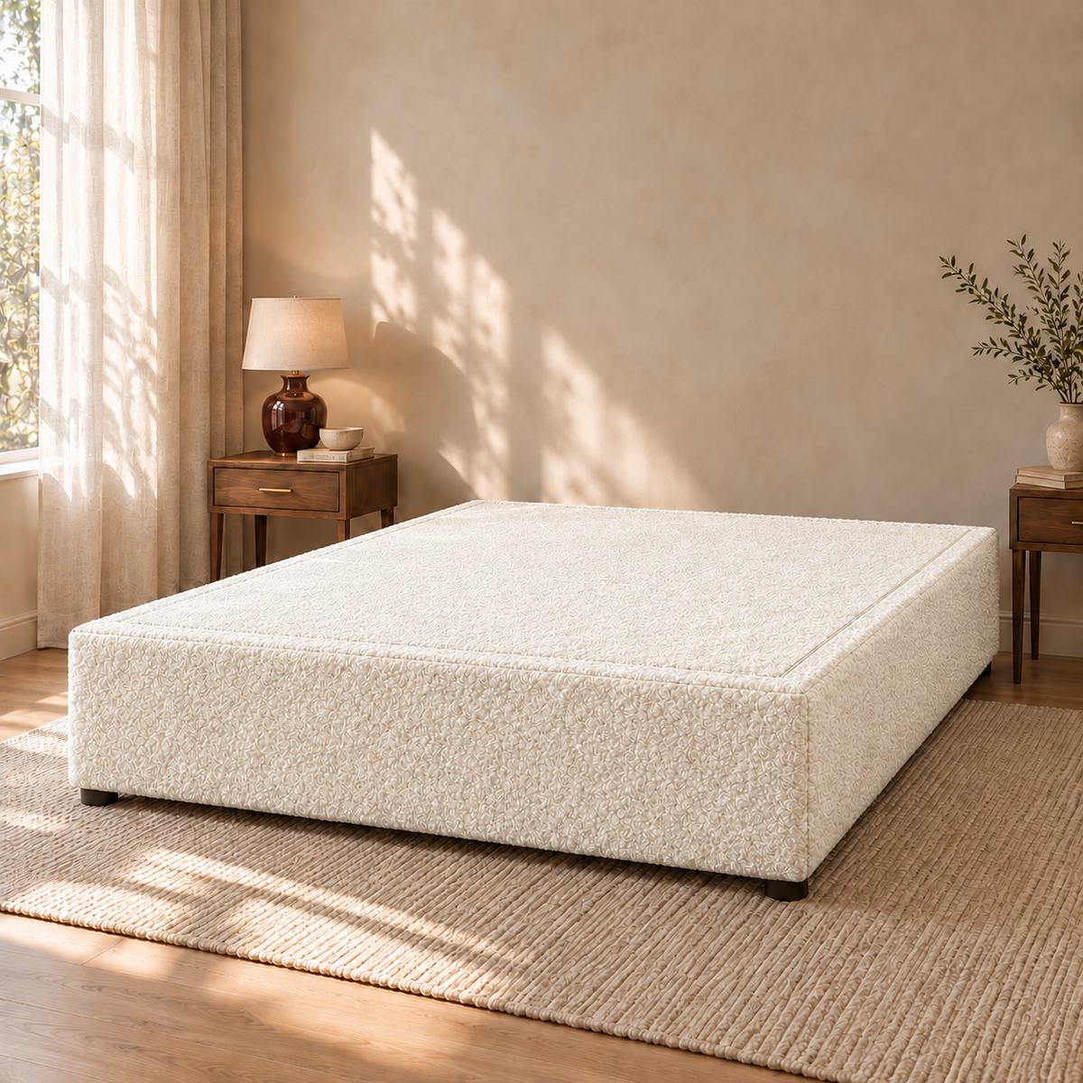Ivory Teddy Bouclé non-storage divan bed base in a styled bedroom. Base only; fabric colour visualisation.