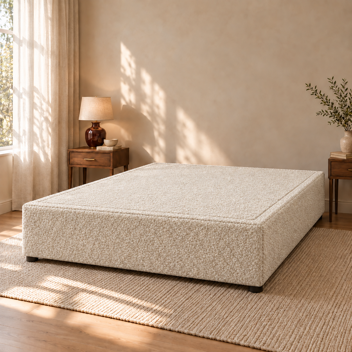 Latte Teddy Bouclé non-storage divan bed base in a styled bedroom. Base only; fabric colour visualisation.