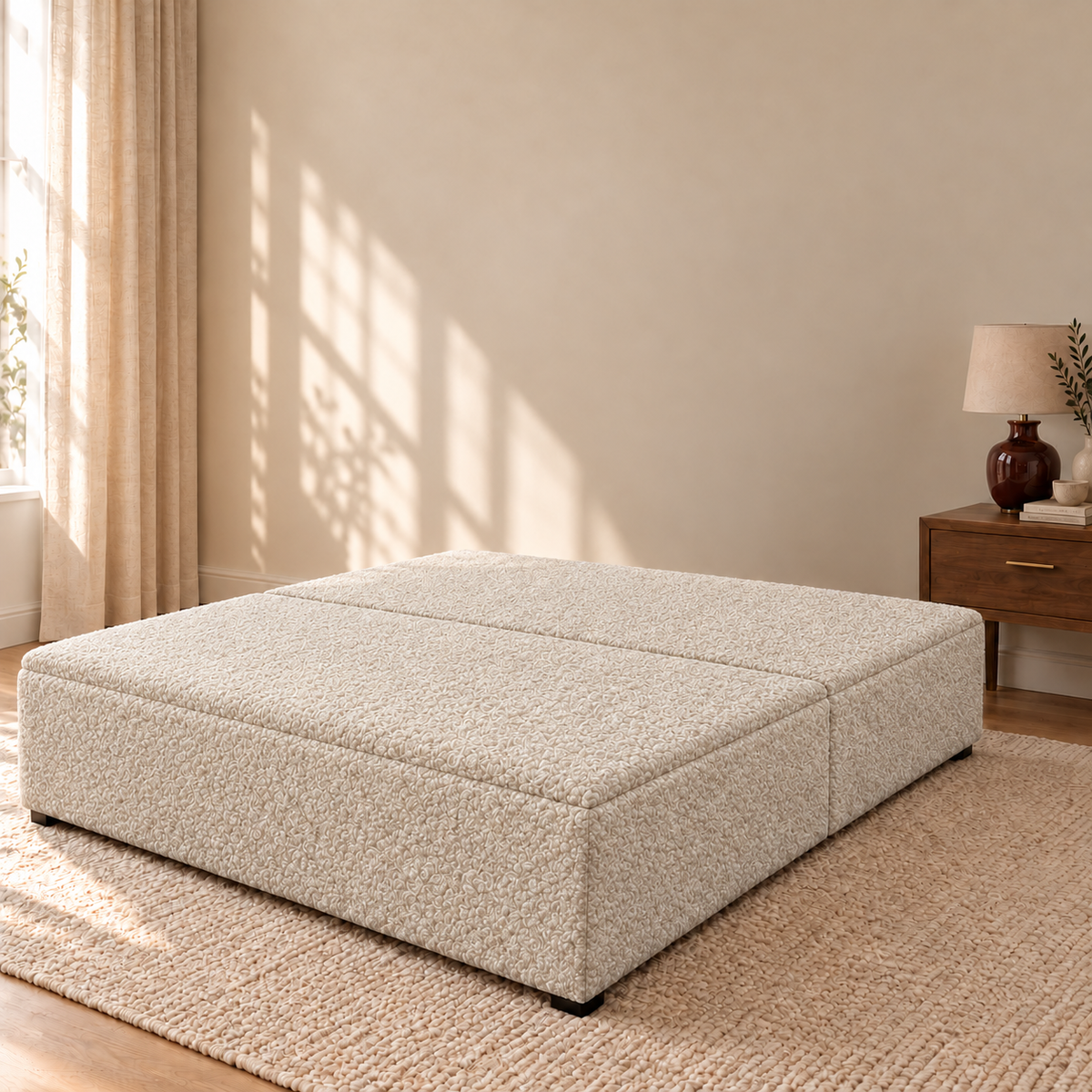 Latte Teddy Bouclé ottoman storage bed base shown closed in a styled bedroom. Base only; fabric colour visualisation.