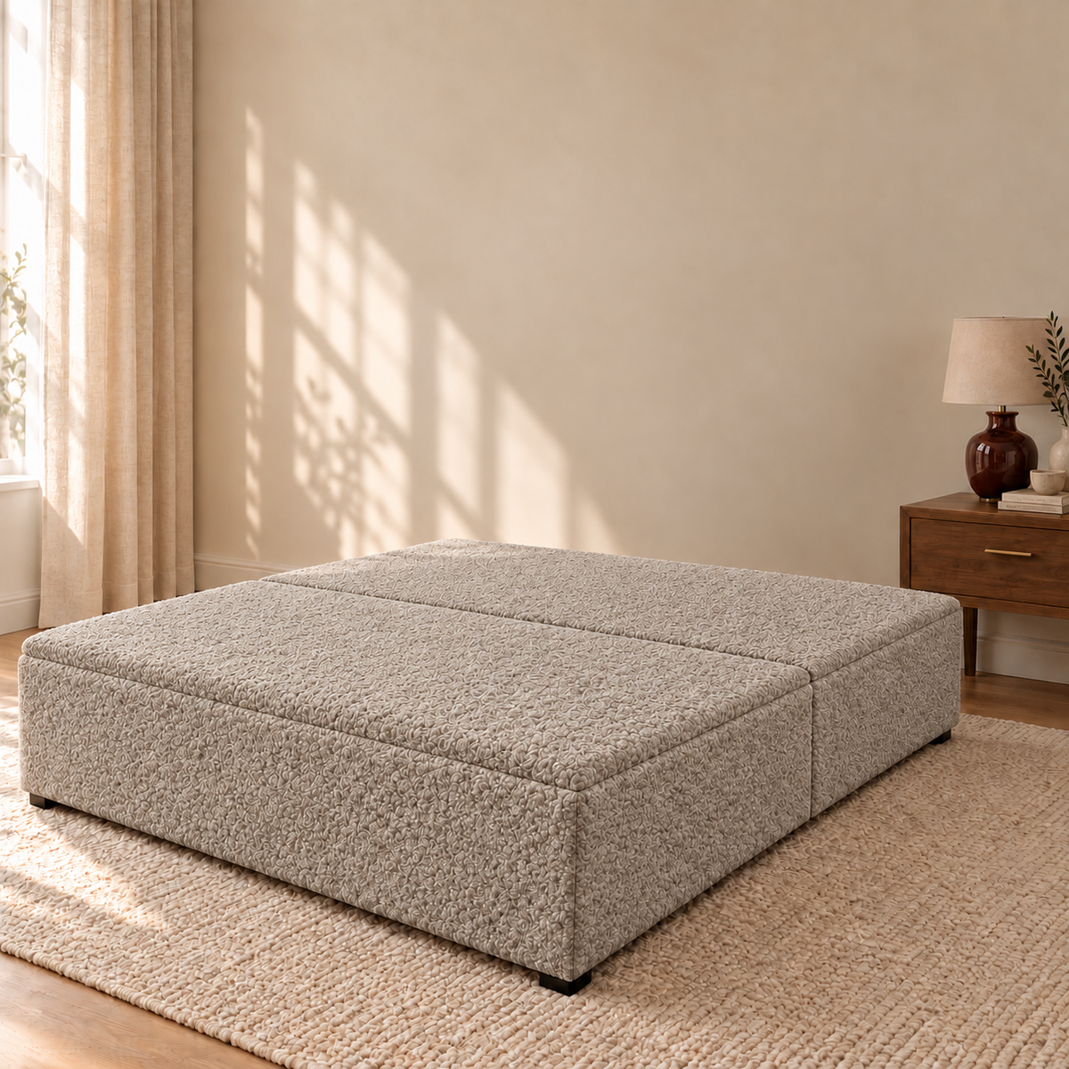 Mink Teddy Bouclé ottoman storage bed base shown closed in a styled bedroom. Base only; fabric colour visualisation.