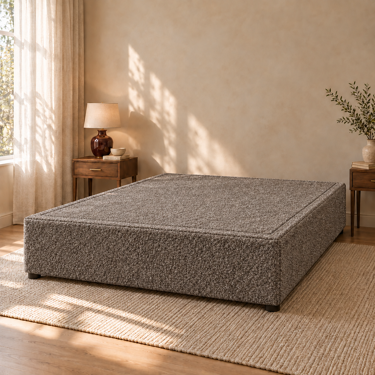 Pebble Teddy Bouclé non-storage divan bed base in a styled bedroom. Base only; fabric colour visualisation.