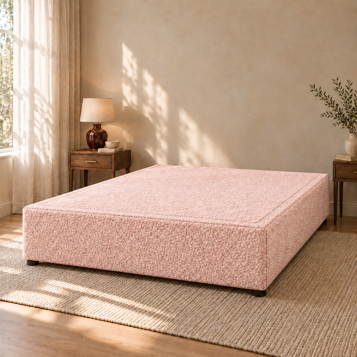Powder Teddy Bouclé non-storage divan bed base in a styled bedroom. Base only; fabric colour visualisation.