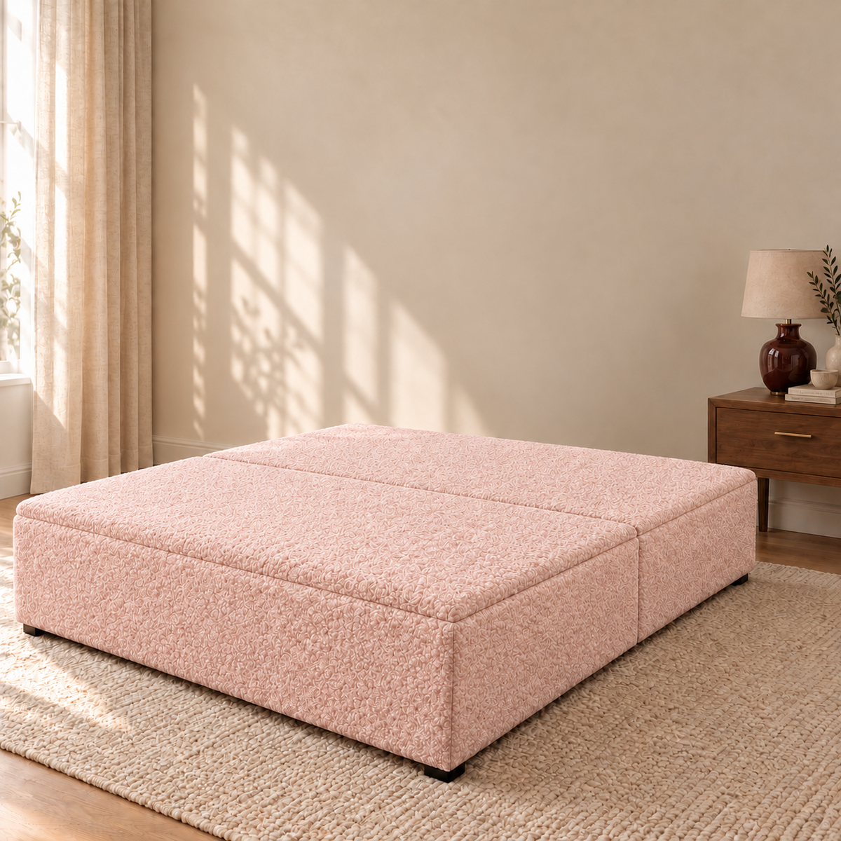 Powder Teddy Bouclé ottoman storage bed base shown closed in a styled bedroom. Base only; fabric colour visualisation.