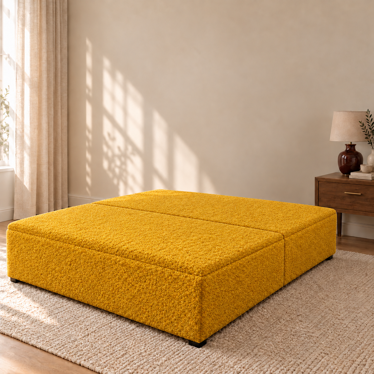 Saffron Teddy Bouclé ottoman storage bed base shown closed in a styled bedroom. Base only; fabric colour visualisation.