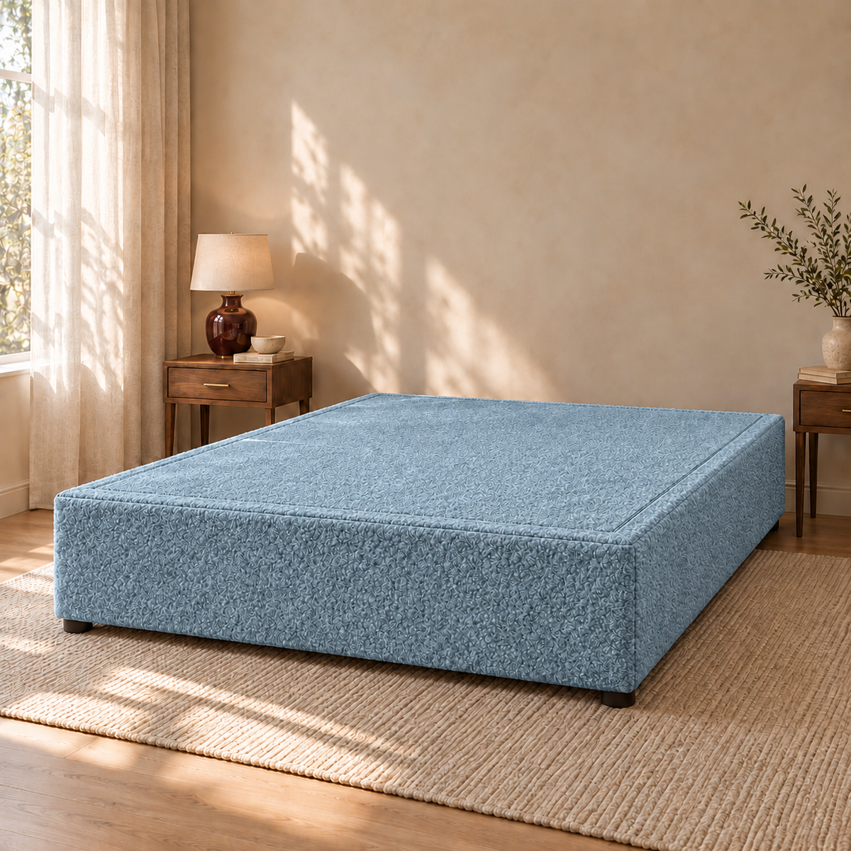 Sky Teddy Bouclé non-storage divan bed base in a styled bedroom. Base only; fabric colour visualisation.