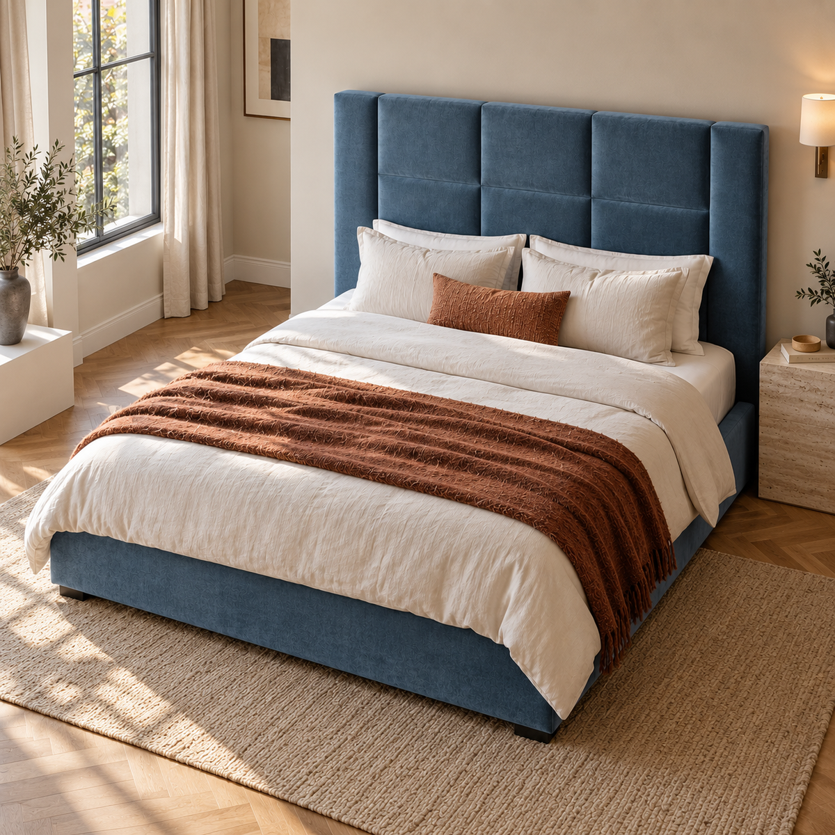 CK Living Tessera upholstered bed in smoky blue velvet — elevated lifestyle view