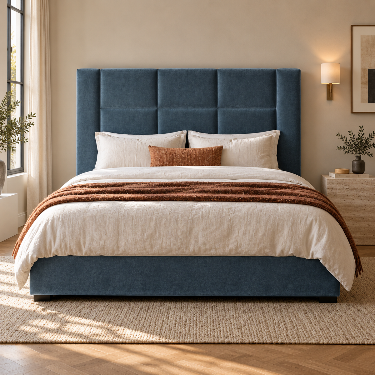 CK Living Tessera upholstered bed in smoky blue velvet — front lifestyle view