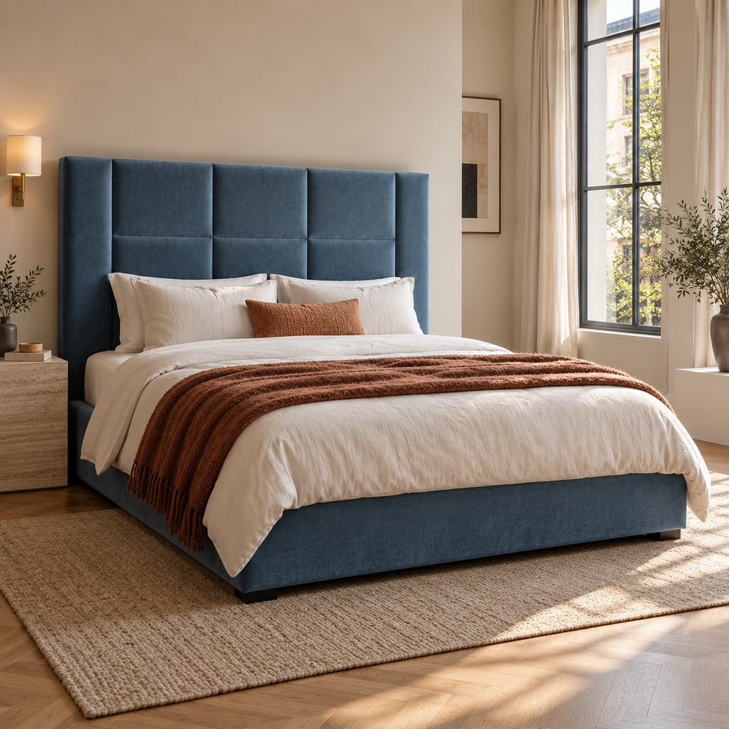 CK Living Tessera upholstered bed in smoky blue velvet — opposite angle lifestyle view