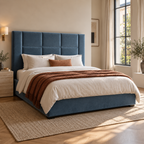 CK Living Tessera upholstered bed in smoky blue velvet — opposite angle lifestyle view