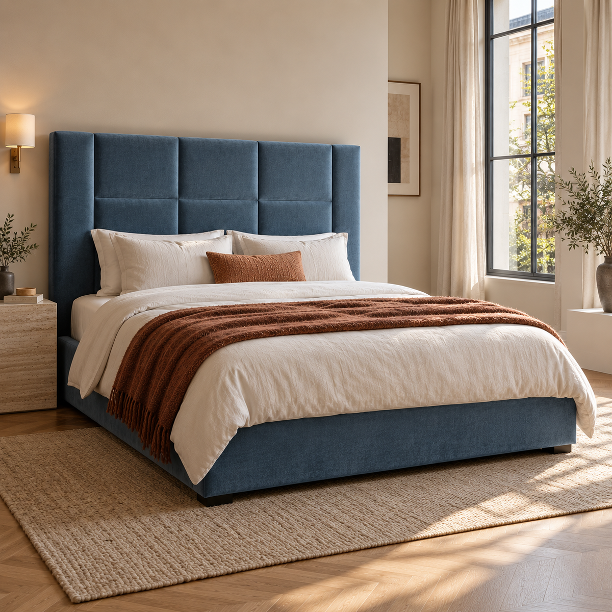 CK Living Tessera upholstered bed in smoky blue velvet — opposite angle lifestyle view