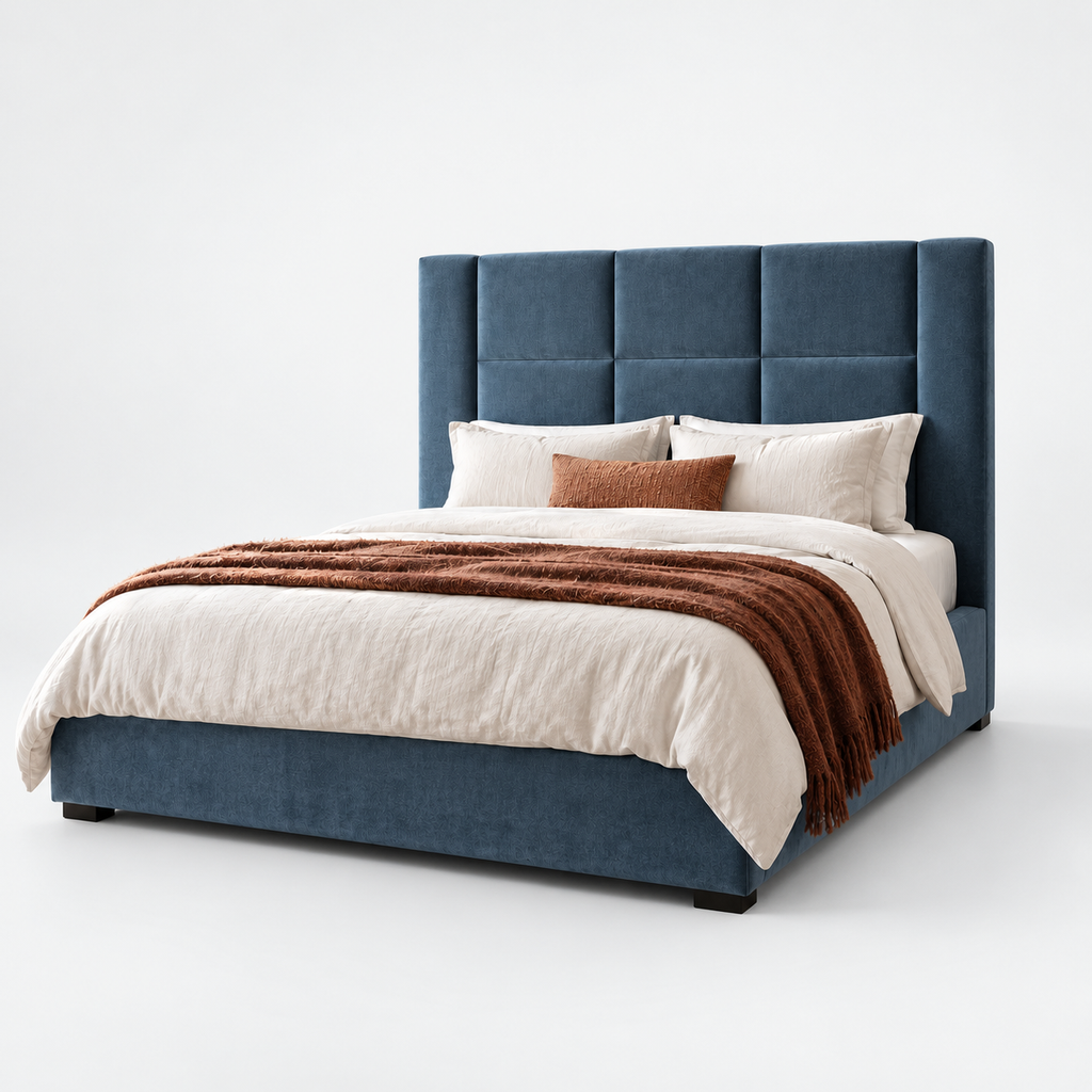 CK Living Tessera upholstered bed in smoky blue velvet — plain cold-white grey background
