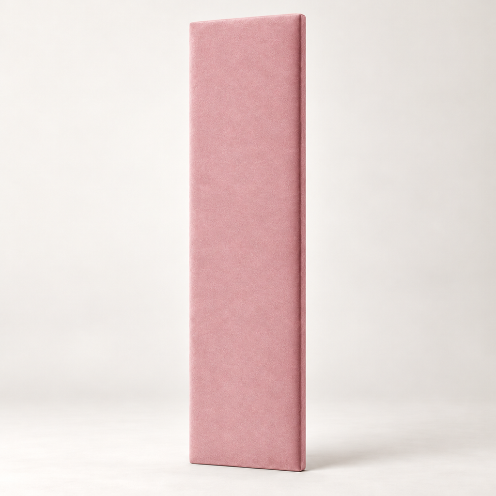 Pink Plush Velvet individual upholstered wall panel, 45cm wide, 200cm height shown — studio visualisation