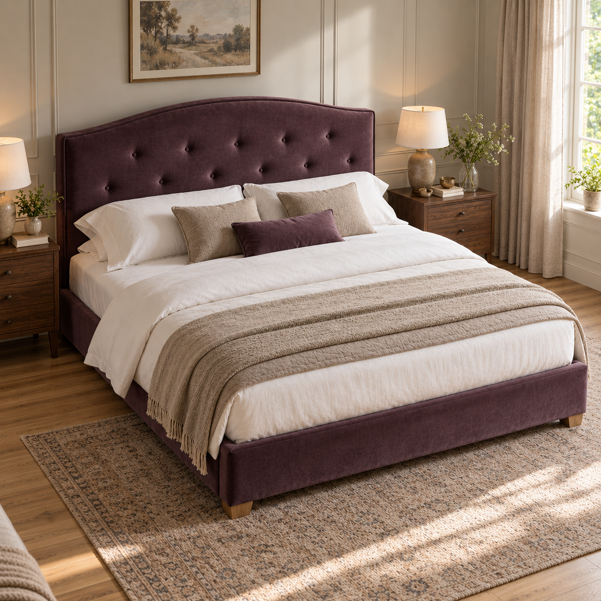 CK Living Winslow upholstered bed in muted aubergine velvet — elevated lifestyle view