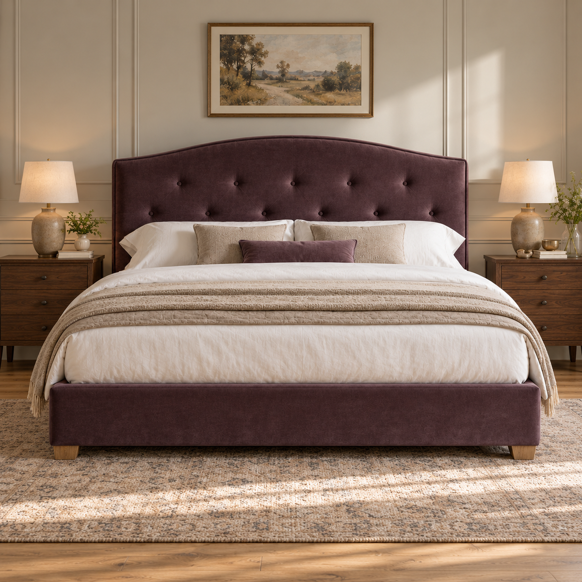 CK Living Winslow upholstered bed in muted aubergine velvet — front lifestyle view