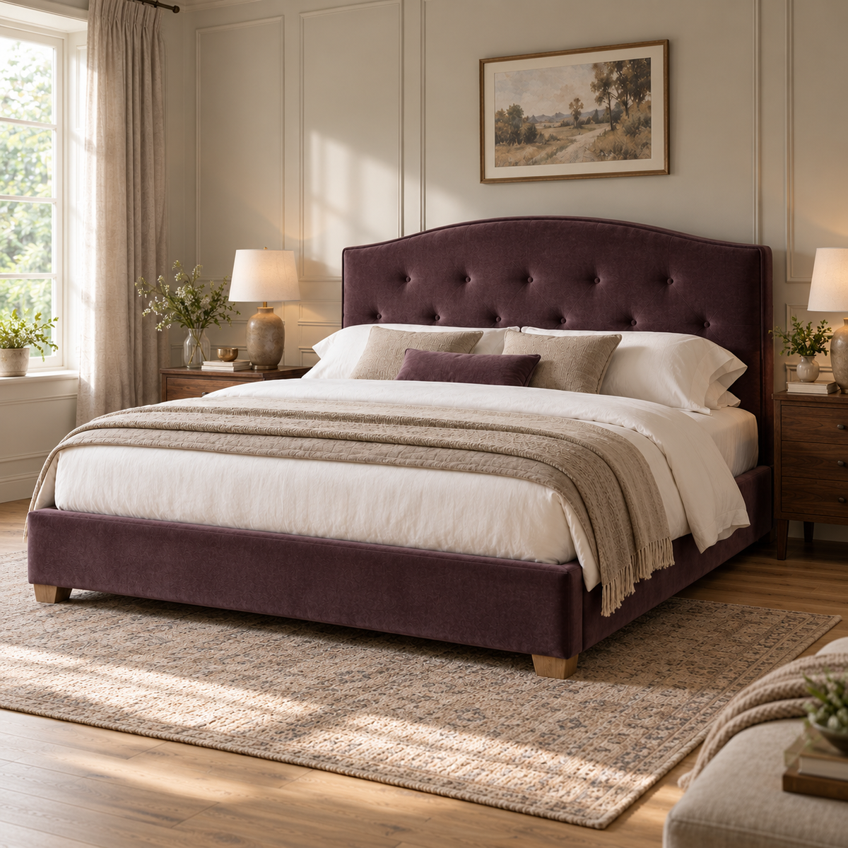 CK Living Winslow upholstered bed in muted aubergine velvet — opposite angle lifestyle view