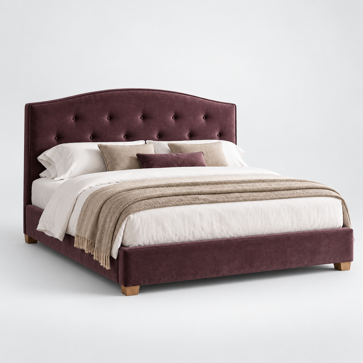 CK Living Winslow upholstered bed in muted aubergine velvet — plain cold-white grey background