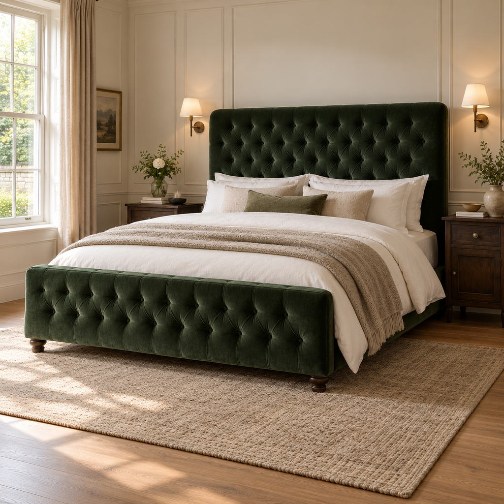 CK Living Wycliffe upholstered bed — opposite-angle lifestyle view