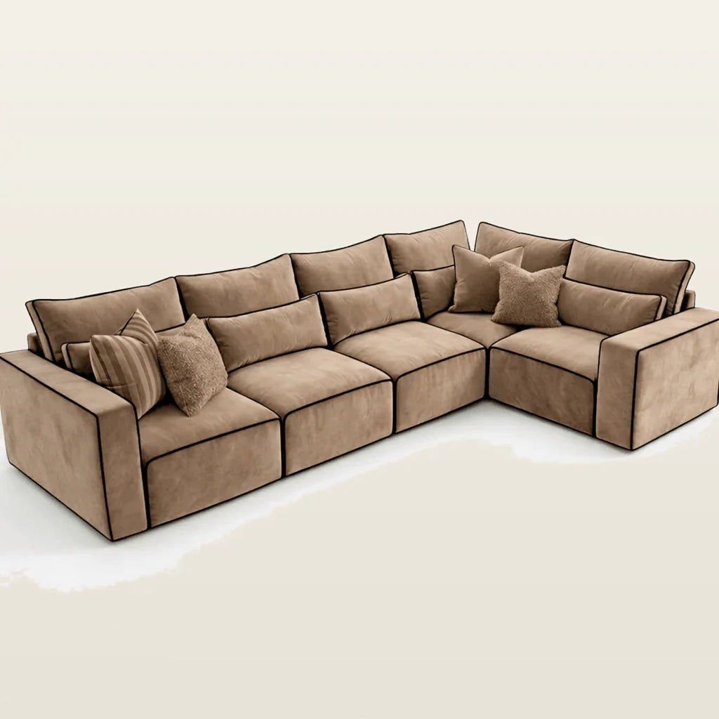Luxury beige sectional sofa with plush cushions and contrast piping, perfect for modern living rooms