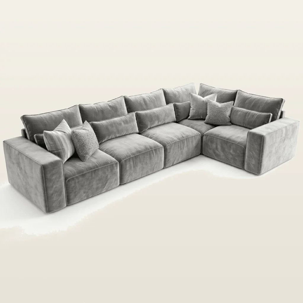Luxury grey velvet corner sofa with plush cushions, perfect for modern living rooms