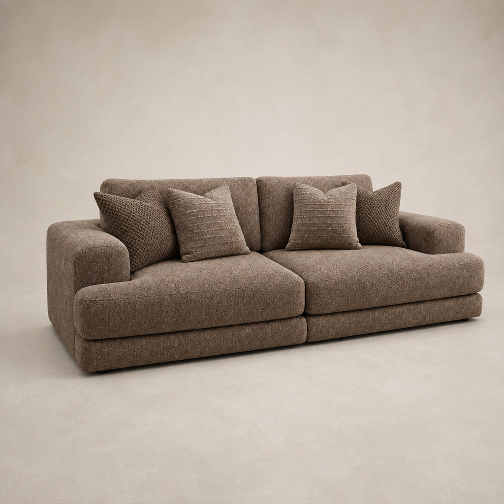 Aurelia 4 Seater Split Sofa in Coffee on a clean stone studio background