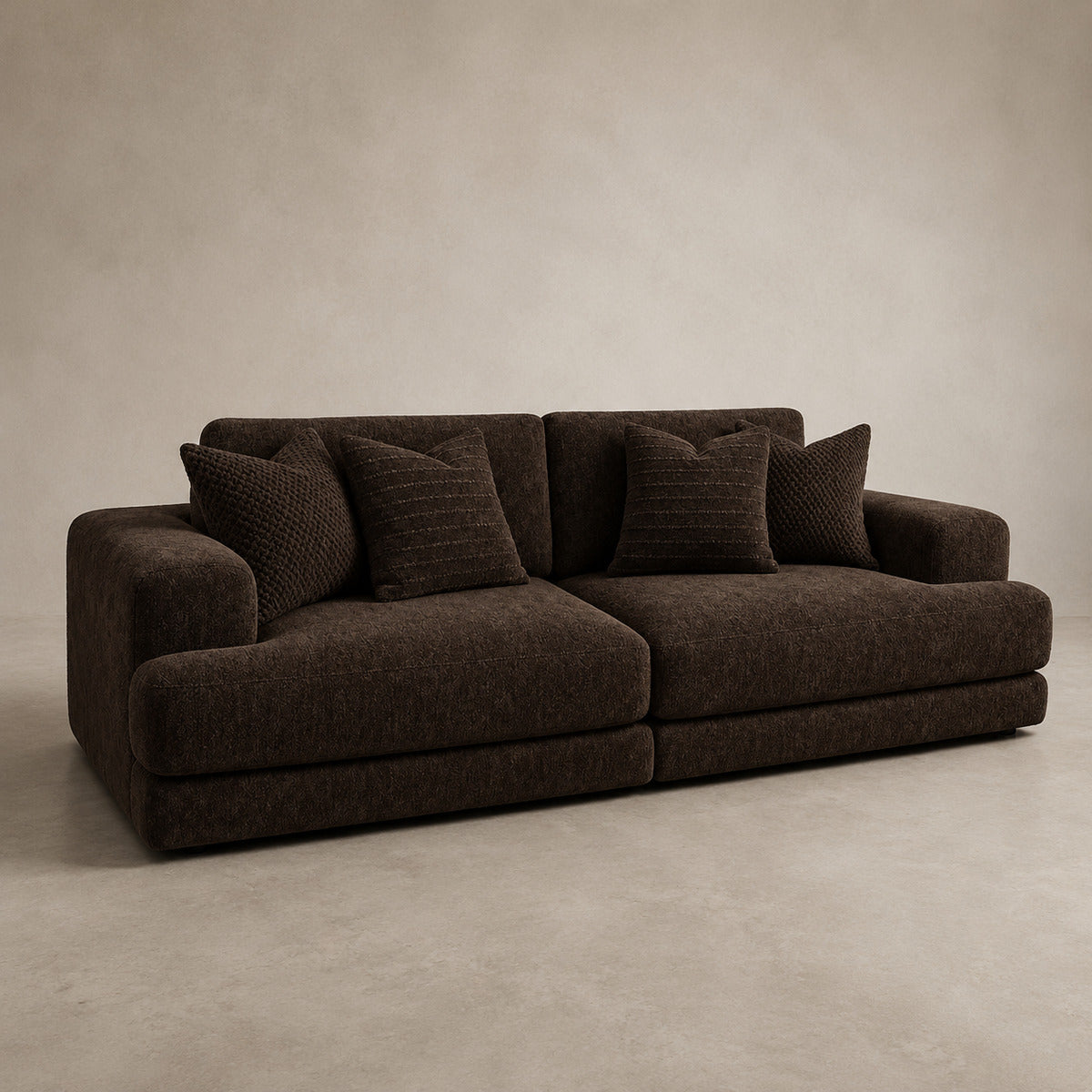 Aurelia 4 Seater Split Sofa in Double Espresso on a clean stone studio background