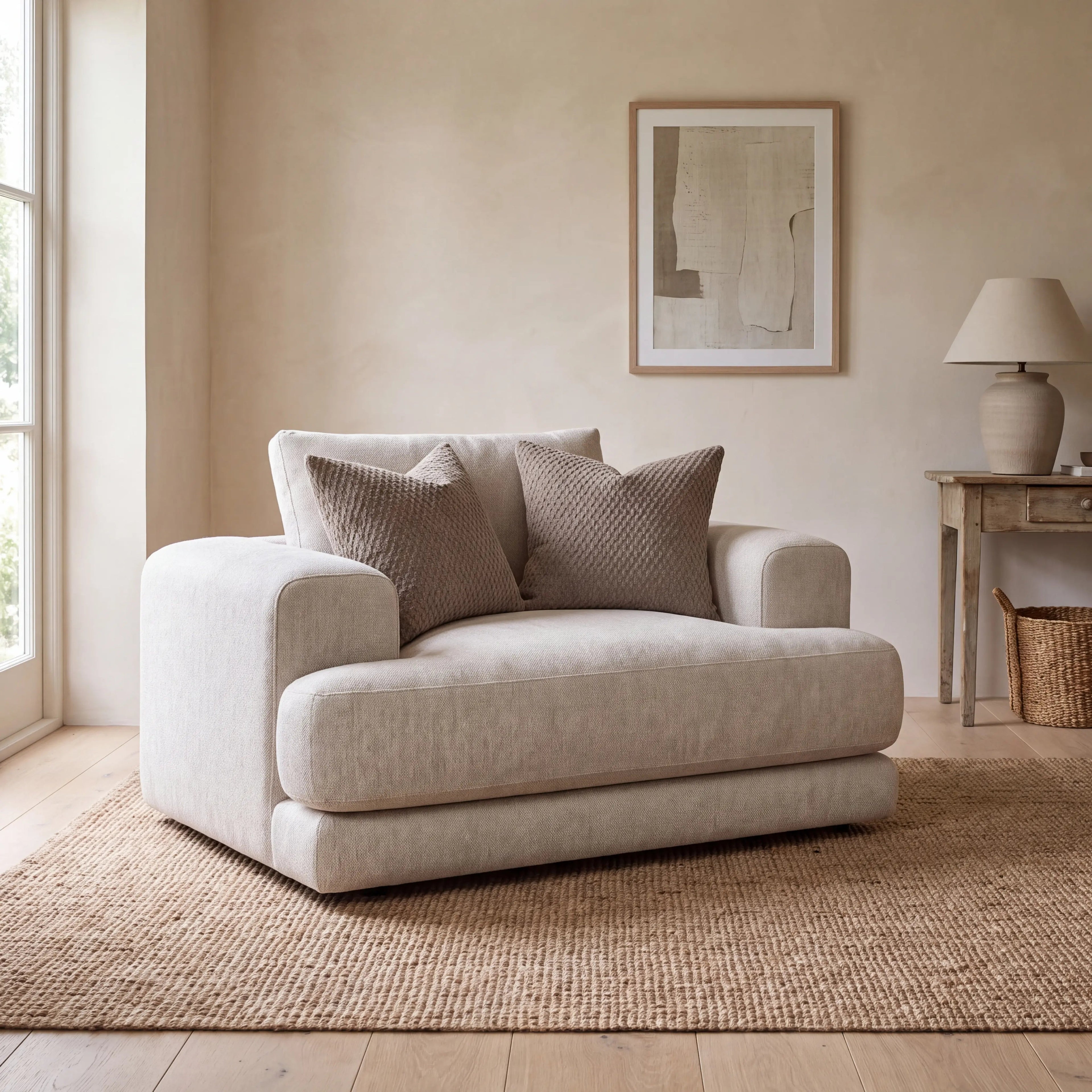 Aurelia Cuddler Love Seat styled in a realistic premium living space