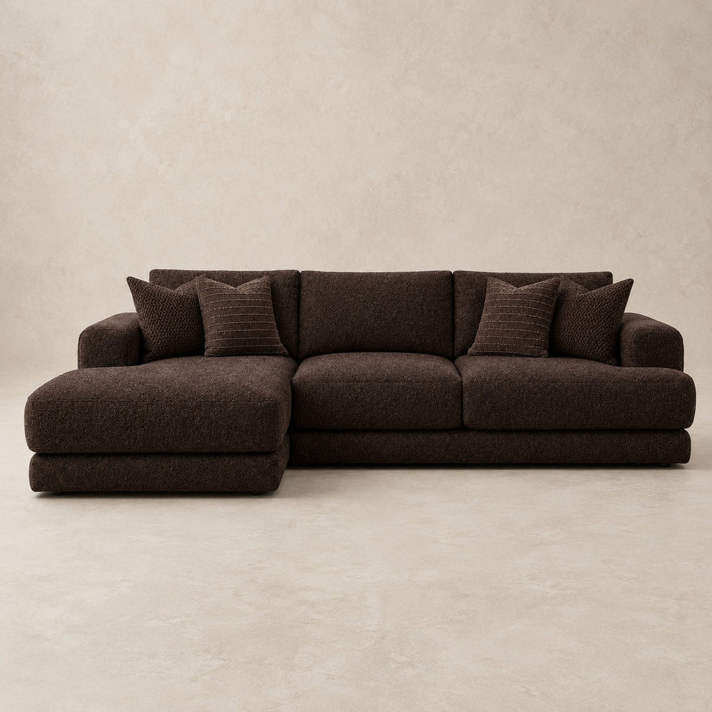 Aurelia Medium Chaise Sofa in Double Espresso on a clean stone studio background