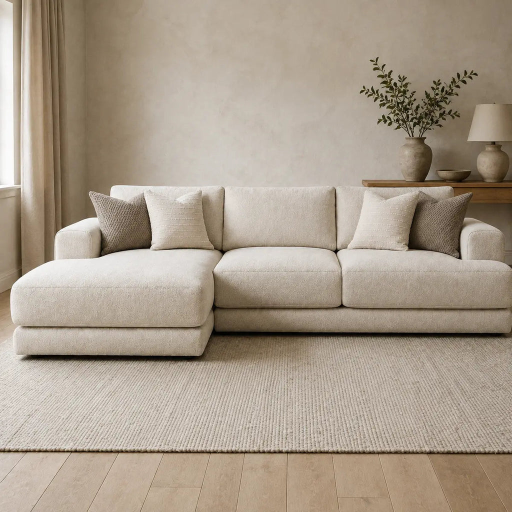 Aurelia Medium Chaise Sofa styled in a realistic premium living space