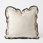 Cream velvet pillow with black ruffled trim, luxury home decor accent