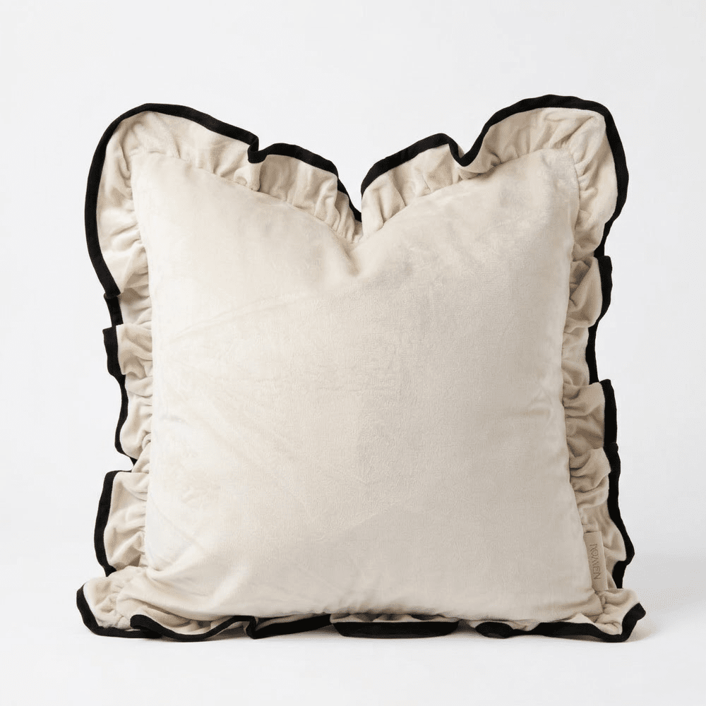 Cream velvet pillow with black ruffled trim, luxury home decor accent