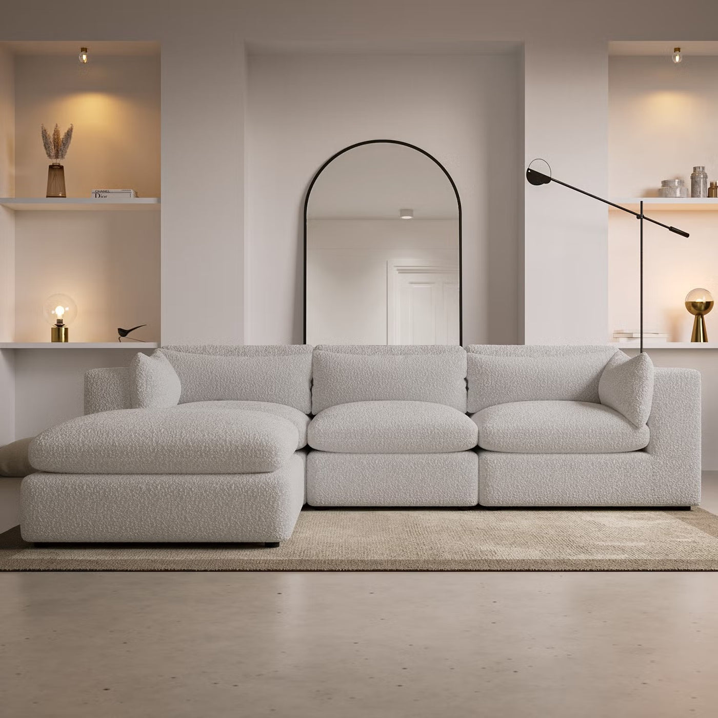 cream boucle three seater modular corner sofa