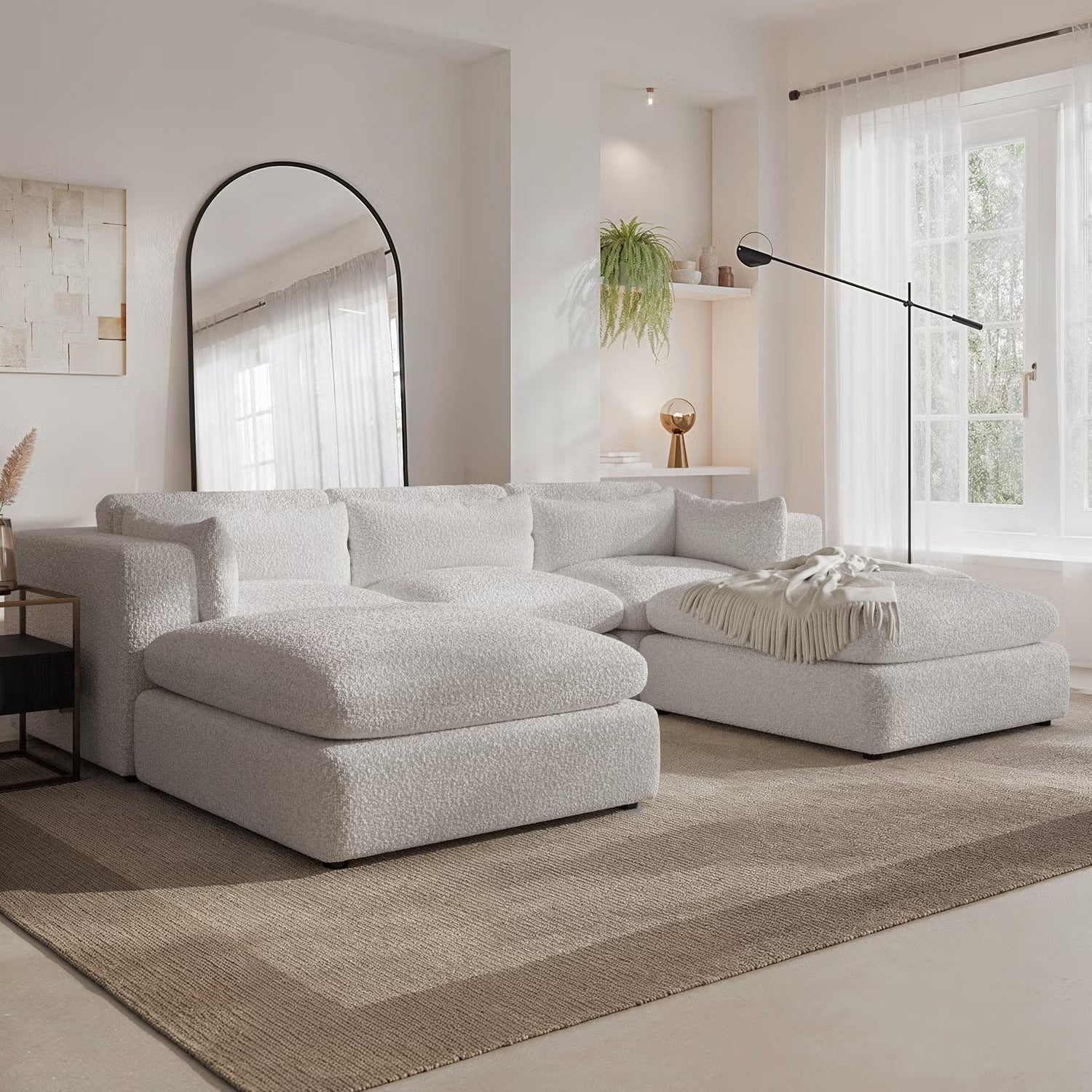 Luxury white textured sectional sofa with chaise in modern living room, perfect for UK homes