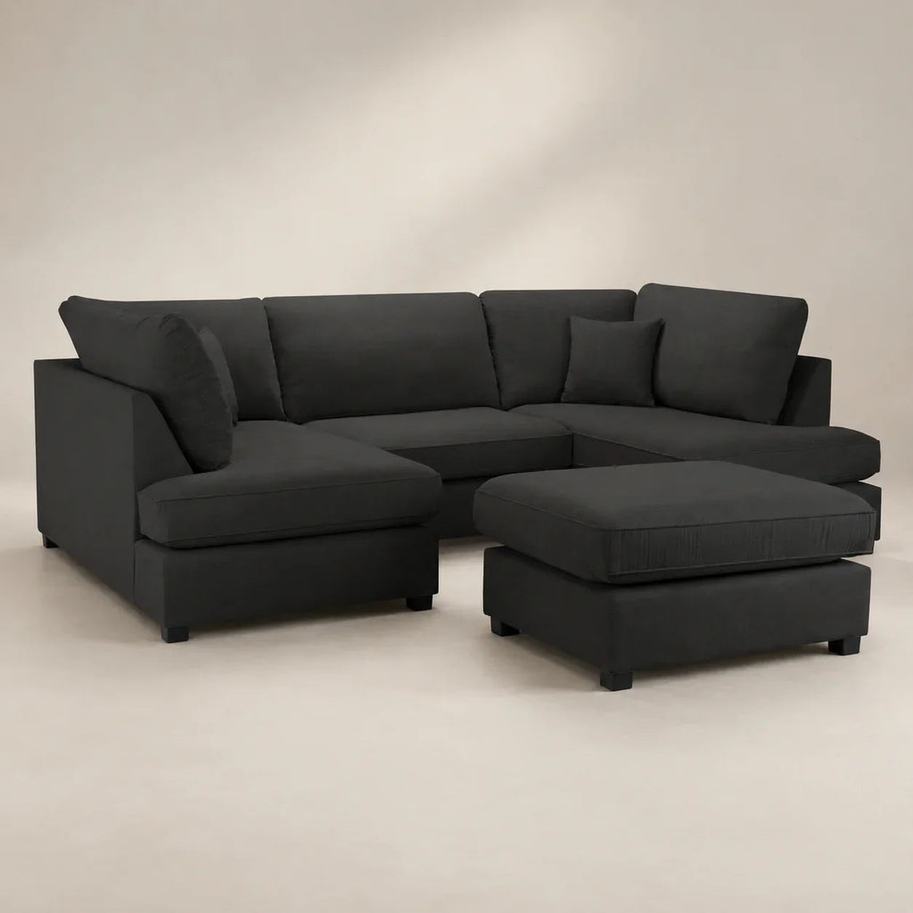 Black sectional sofa with chaise and ottoman, modern luxury living room furniture