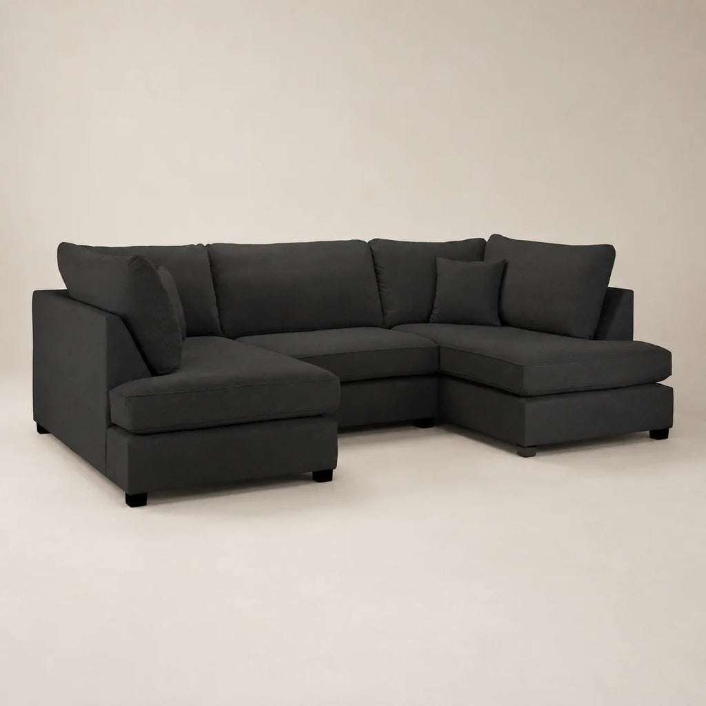 Dark grey L-shaped sectional sofa with chaise lounge, modern luxury living room furniture