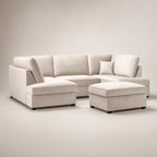 Luxury beige sectional sofa with chaise and ottoman, modern living room furniture
