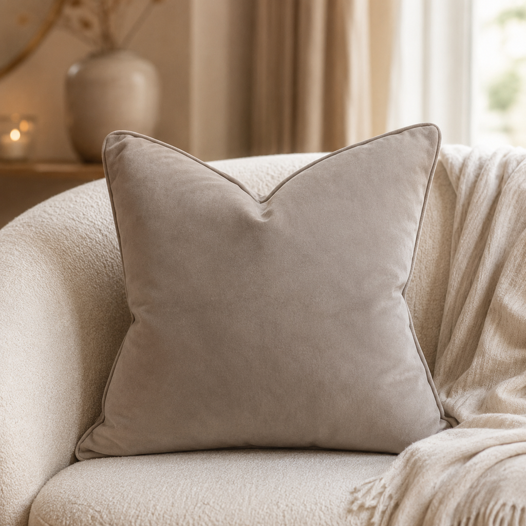 Luxury beige velvet cushion on cozy textured armchair with throw blanket, perfect for living room decor