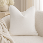 Cream velvet throw pillow on cozy sofa with soft blanket, luxury living room decor