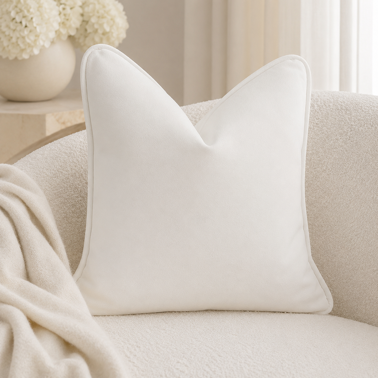 Cream velvet throw pillow on cozy sofa with soft blanket, luxury living room decor