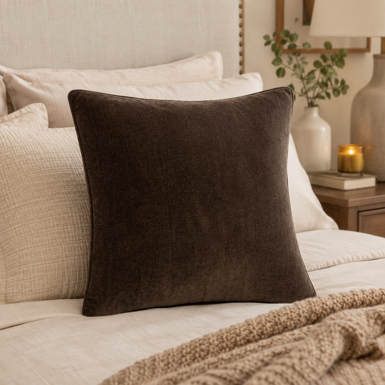 Luxury brown velvet throw pillow on cozy bed with neutral bedding and bedside lamp