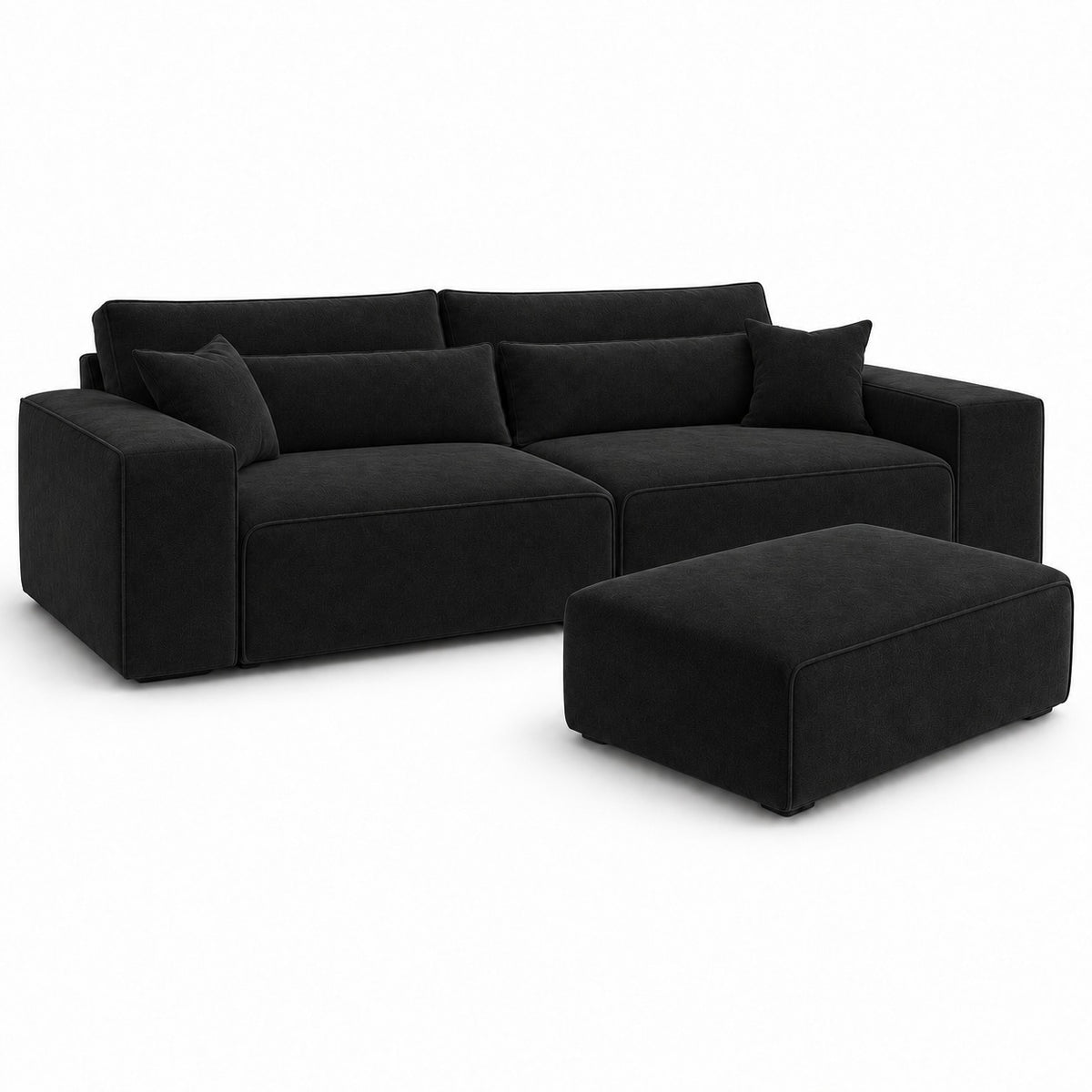 Dalton 3 seater sofa in midnight noir with matching footstool — plain background