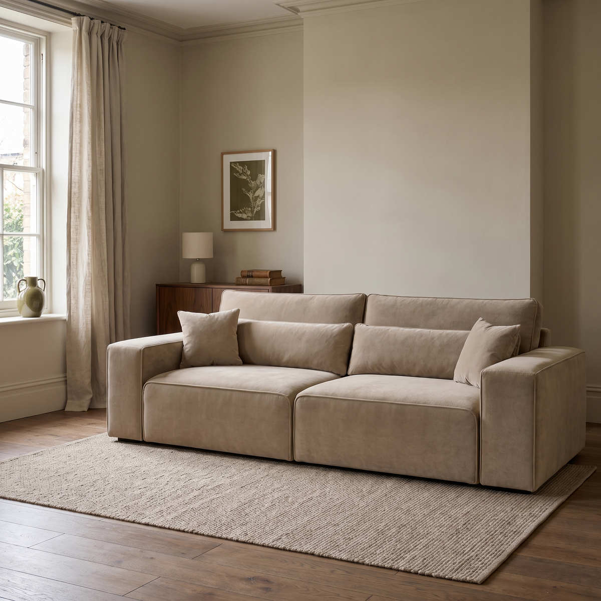 Dalton 3 Seater Sofa in Champagne Mink — lifestyle hero in a naturally lit British living room