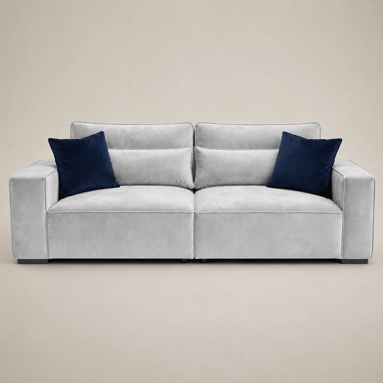 Luxury gray velvet sofa with navy blue cushions, modern design for living room comfort