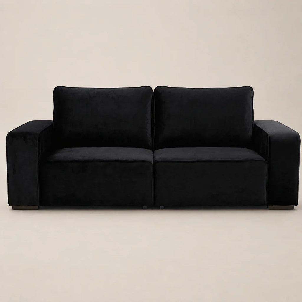 Luxury black velvet two-seater sofa with modern design, perfect for contemporary living rooms.