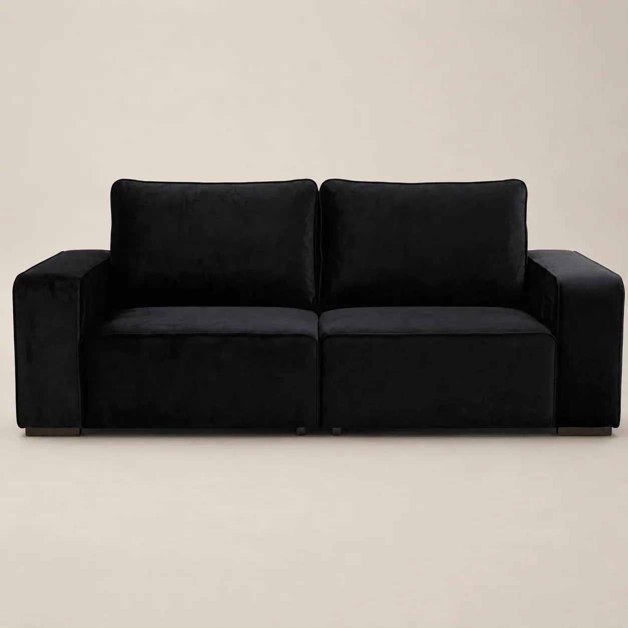 Luxury black velvet two-seater sofa with modern design, perfect for contemporary living rooms.