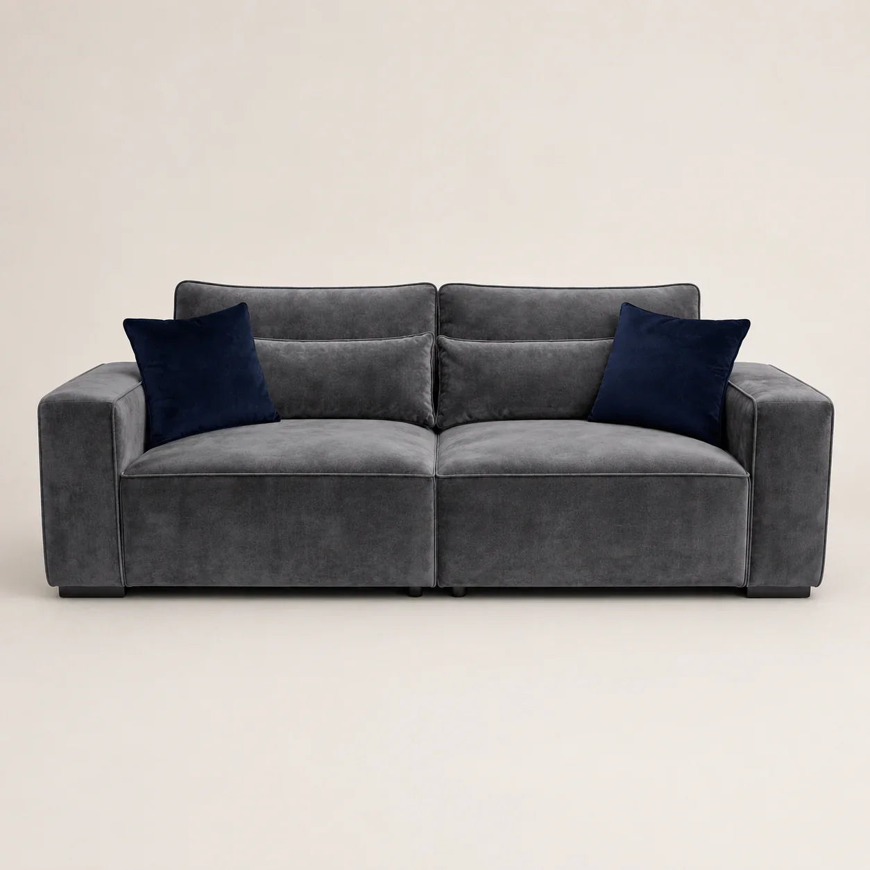 Luxury grey velvet sofa with navy blue cushions, modern design for living room comfort